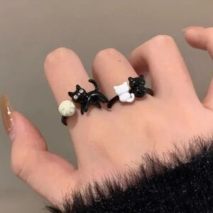 Cat Lovers Black White Cat Cuff Rings 2 Pc Set‎ Simple Adjustable Open Ring